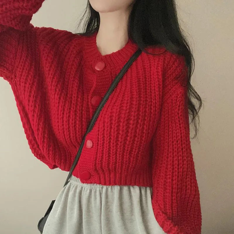 2024 Fall Winter Short Knitted Cardigan Women Thicken Warm Single-Breasted Sweater Female Solid O-Neck Long Sleeve Knitwear Coat