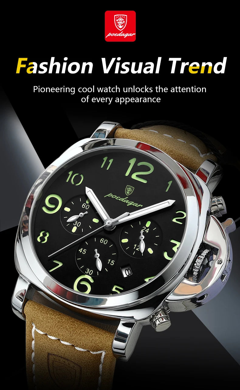 POEDAGAR Luxury Man Watch Chronograph Waterproof Luminous Date Watch for Men Casual Leather Sports Military Men's Quartz Watches