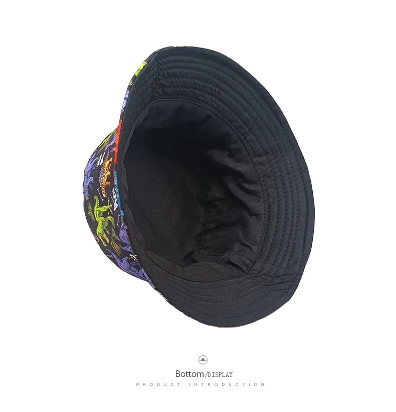Bocca Cartoon Dinosaur Bucket Hat Children Boys Kids Fisherman Hats Pattern Double Sides Panama Cap Summer Outdoor Sunscreen Cap