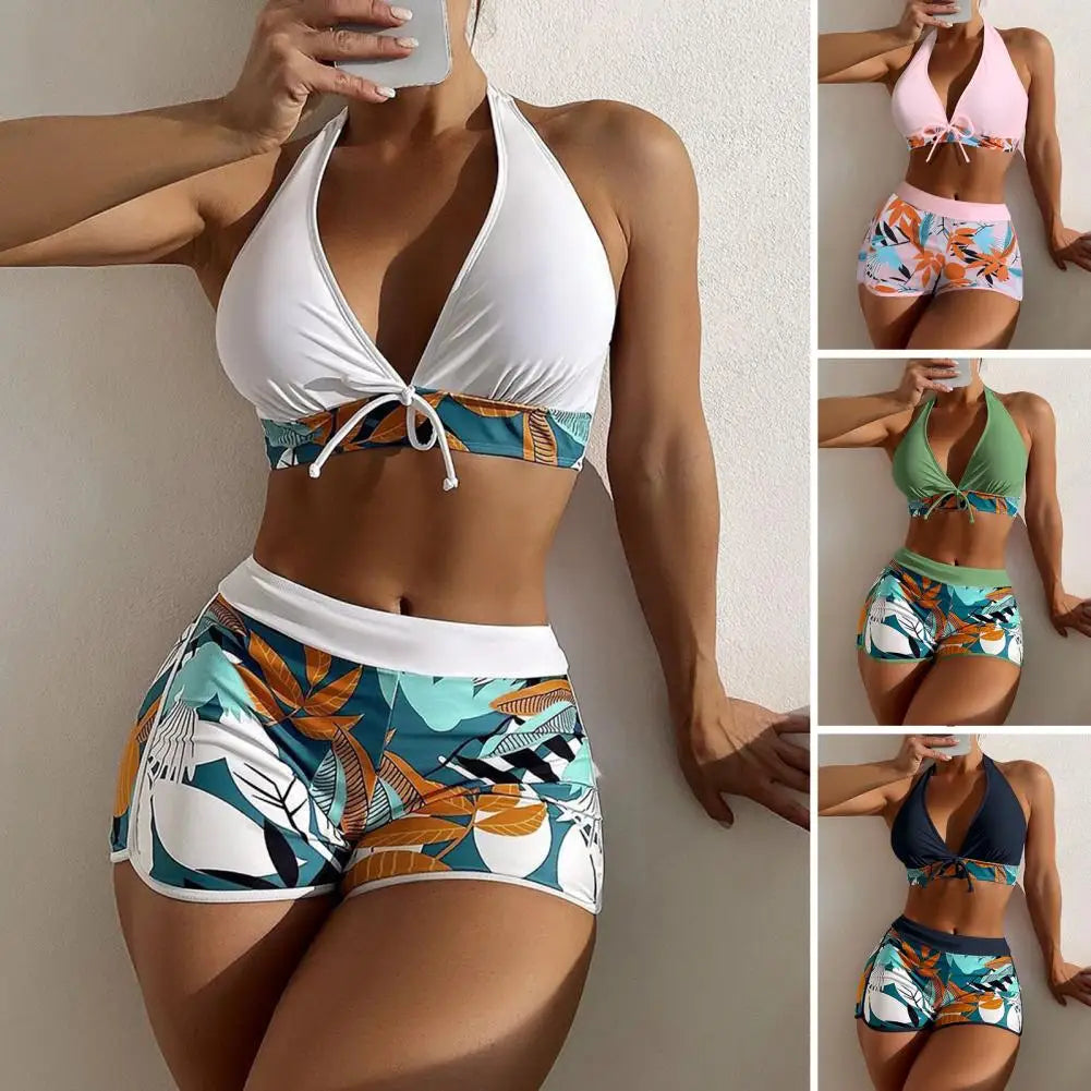 2Pcs/Set Bikinis Set Bowknot Decor Floral Print Bikini Backless Halter Bra High Waist Beachwear Female Beach Clothing