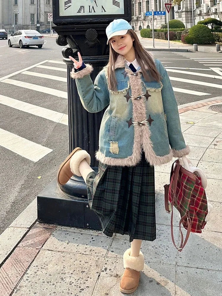 Turn-down Collar Jackets Women Warm Thickened Furry Design Wind-proof Korean Fashion Winter Casual Denim Outwear All-match Chic