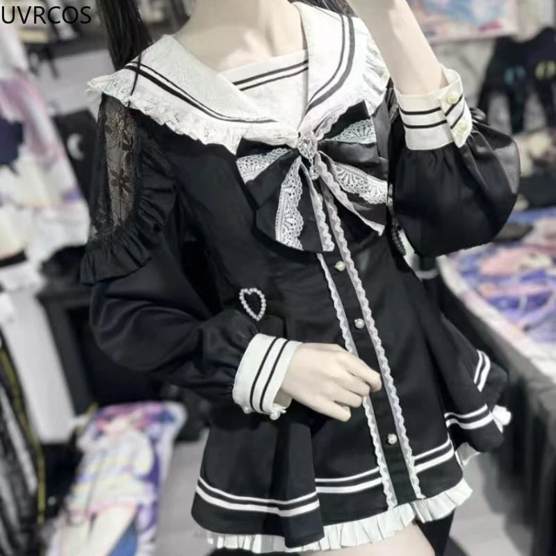 Japanese Style Gothic Y2k Lolita Bow Dress Shorts Set Women Vintage Sweet Long Sleeve Button Shirt Party Dresses Slim Mini Dress