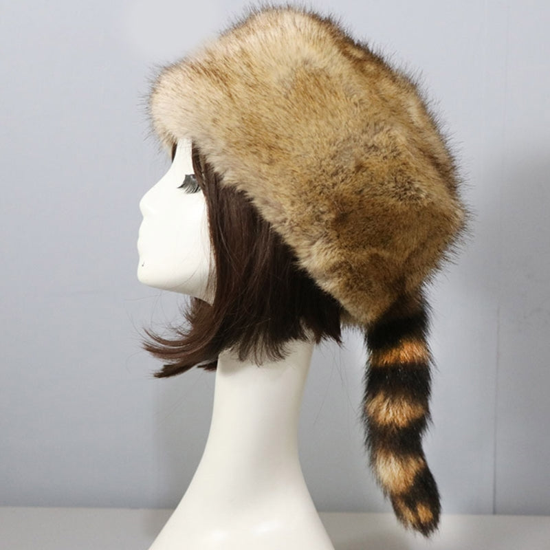 Plush Russian Style Flat Top Hat Winter Mongolian Hat Thicken Plush Raccoon Tail Hat for Adult Teens Keep Warm Hat Wholesale