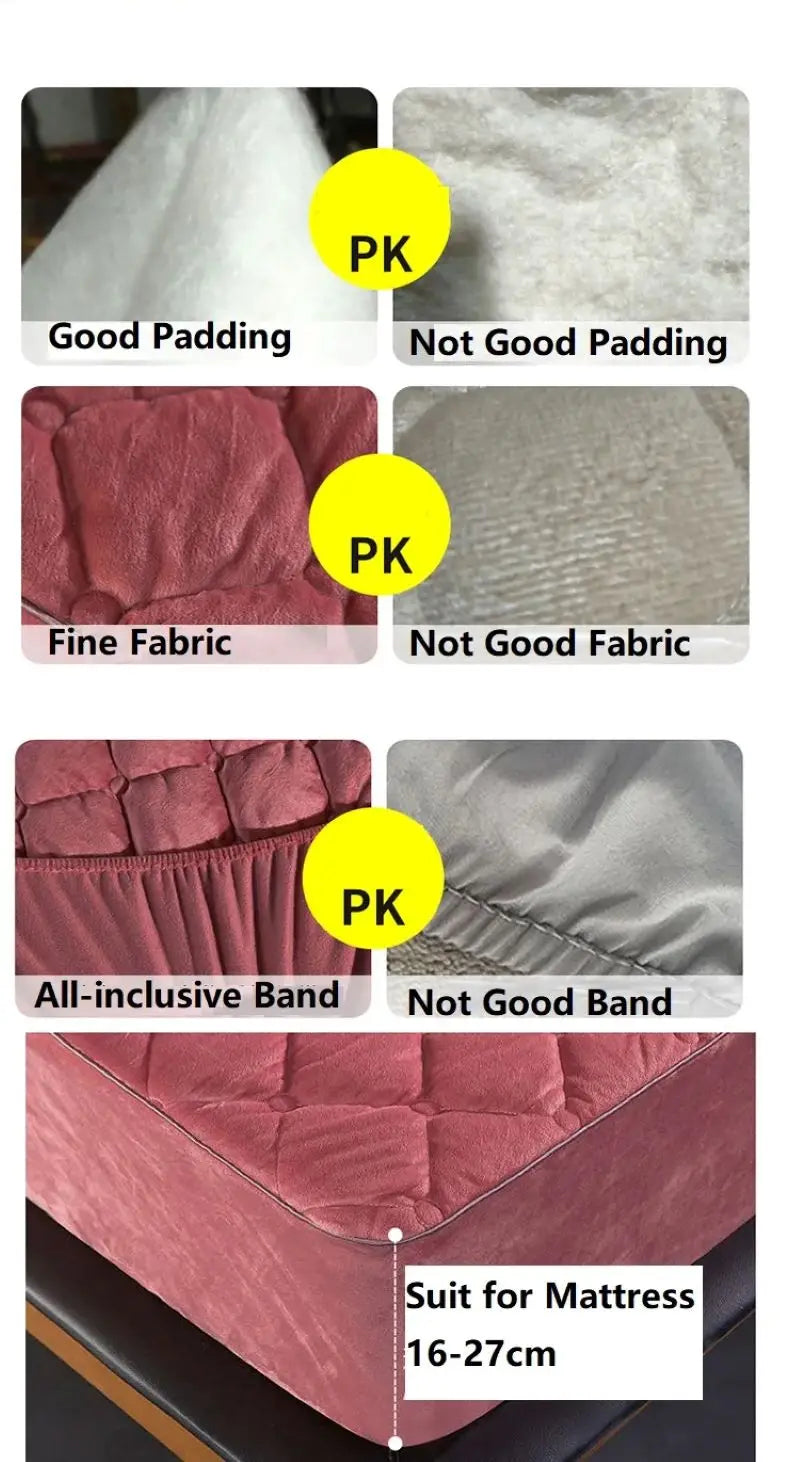 Crystal Velvet Thicken Quilted Mattress Cover Warm Soft Plush Queen King Quilted Bed Fitted Sheet Not Including Pillowcase
