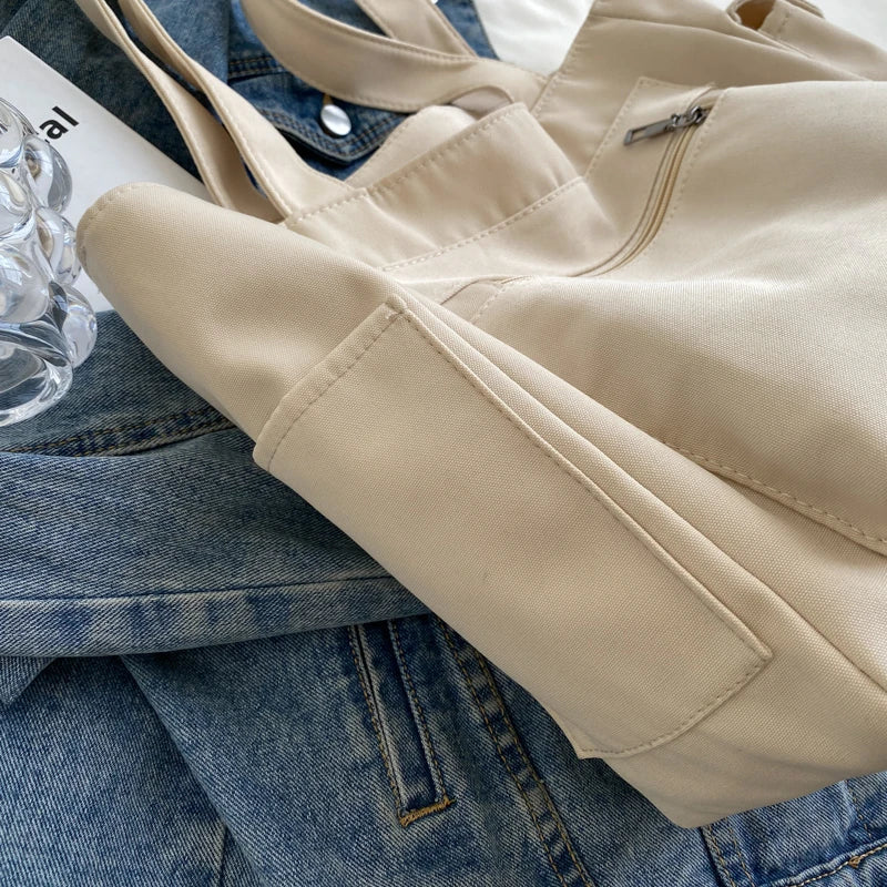 Lightweight Canvas Shoulder Bags For Women Ladies Handbags Multi Pockets Pure Color Travelling Shopper Totes