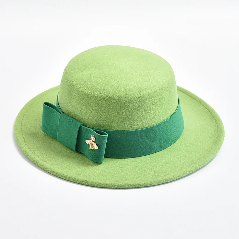 New Fedora Hat for Women Elegant Fashion Formal Wedding Decorate Church Cap Flat Top Bow Party Jazz Hat Chapeau Femme