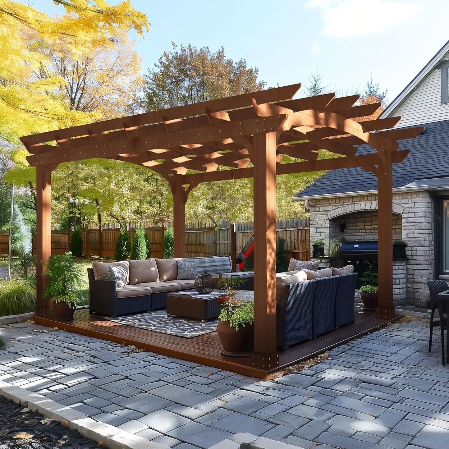 10x12 FT Wooden Pergola, Cedar Wood Gazebo with Arched Roof, Outdoor Garden Shelter with Stakes Included