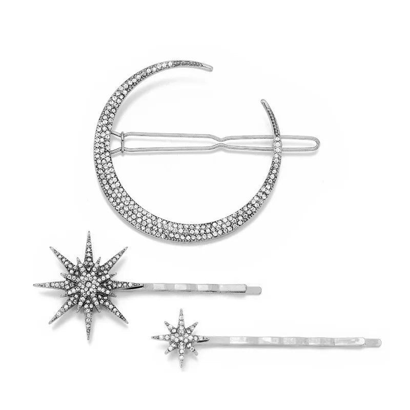 New Geometric Stars Moon Rhinestone Hair Clip Set Snowflake Star Bride Hairpins Women Side Clip Hair Barrettes Hair Jewelry Gift