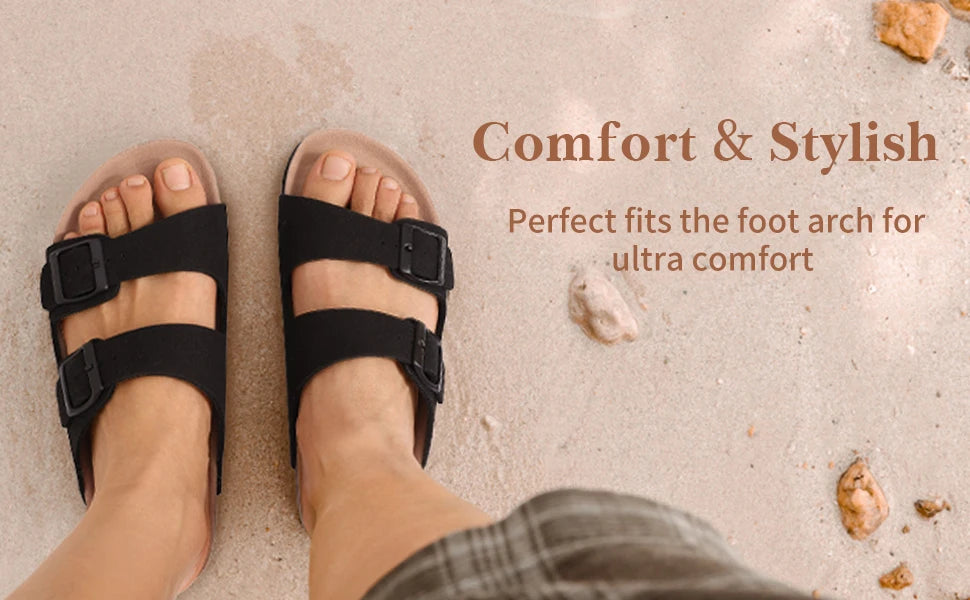 Kidmi Women Cork Suede Mules Slippers Outdoor Antiskid Beach Slippers Classic Cork Footbed Women Sandals With Adjustable Buckle