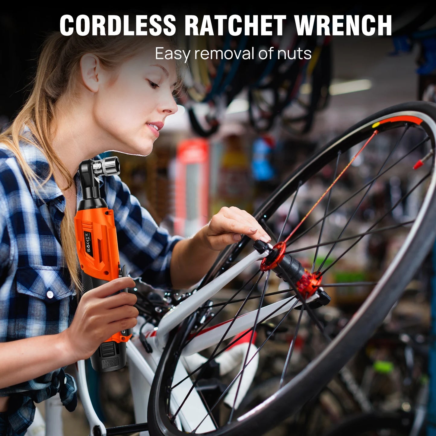 DayPlus 200NM 3/8" Cordless Electric Ratchet Wrench,90° Angle Wrench 12V Power Ratchet Tool with 2 Batteries & Charger+7 Sockets