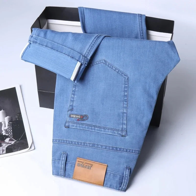 Spring Summer Thin Denim Pants Men Straight Cotton Stretch Jeans Business Classic Casual Lightweight Breathable Trousers