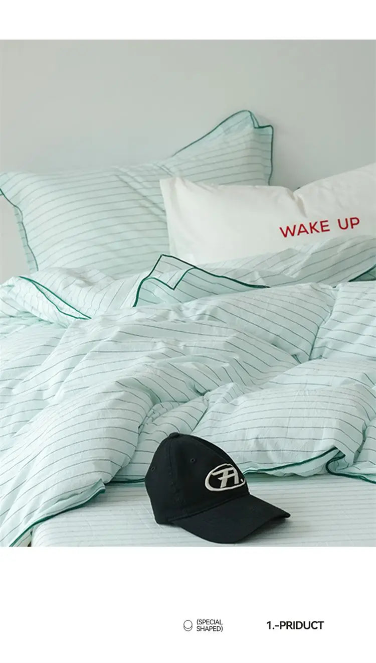 Mint Manbo Rolled Edge Washed Cotton Bed Four Piece Set, Duvet Cover, High-end Bed Sheet, Student Bed, Dormitory Three Piece Set