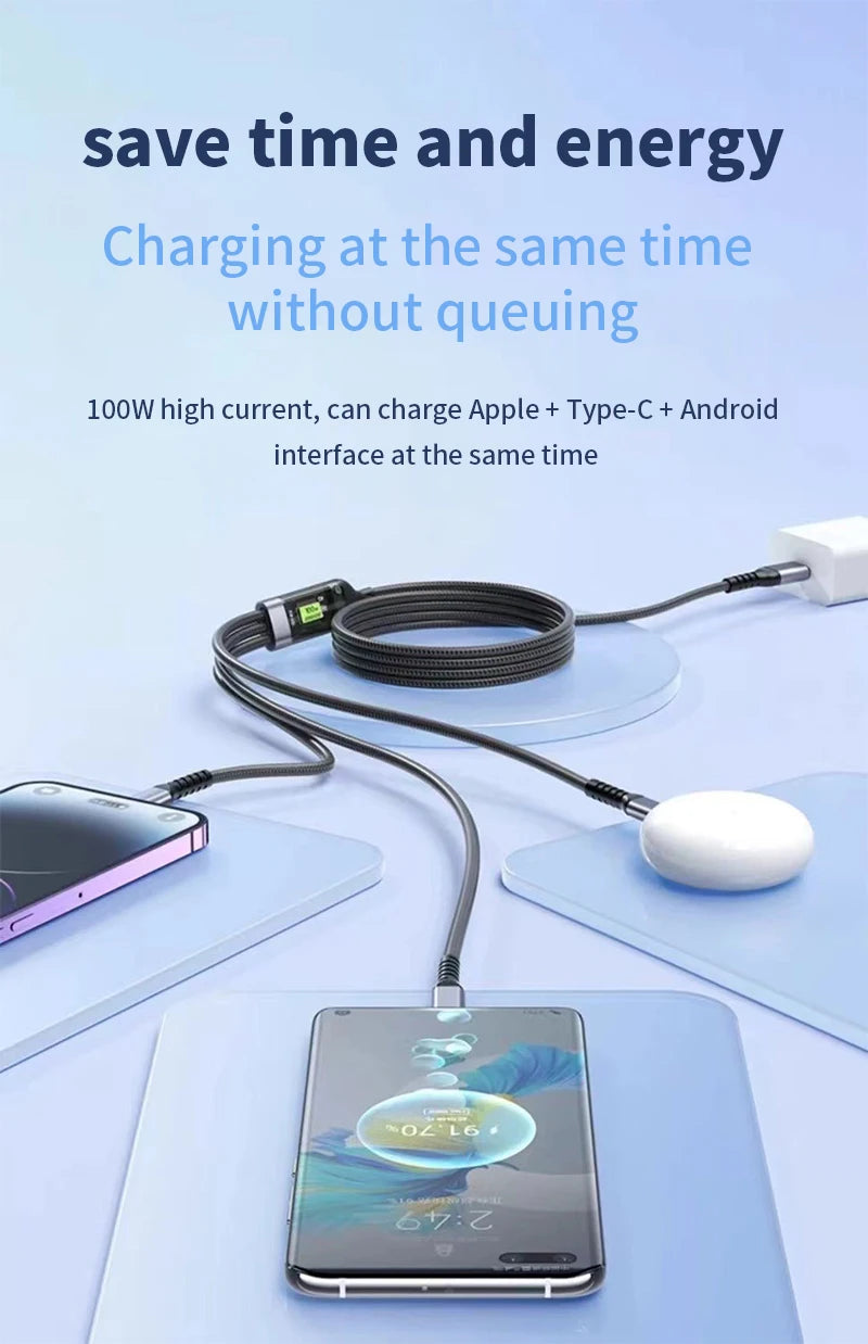3 In 1 100W LED Digital Display USB cable Type C Usb Micro For Iphone Samsung Huawei Xiaomi Multi Port Multiple Charging Wire