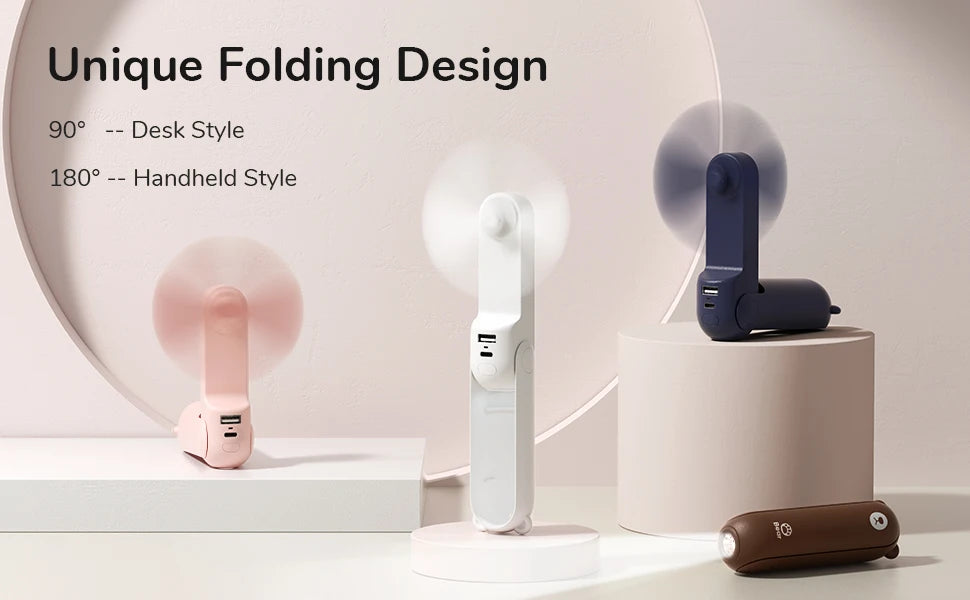 JISULIFE 3 in 1 Pocket Mini Handheld Fan,USB 4500mAh Rechargeable Portable Fan with Power Bank&Flashlight,Travel,Camping,Outdoor