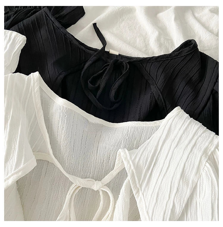 Summer Y2k Sun Protection Cardigan Women' Clothing Thin Crop Tops Bandage Long Sleeve Blouse Cape Femme Ruffles Korean Sweater