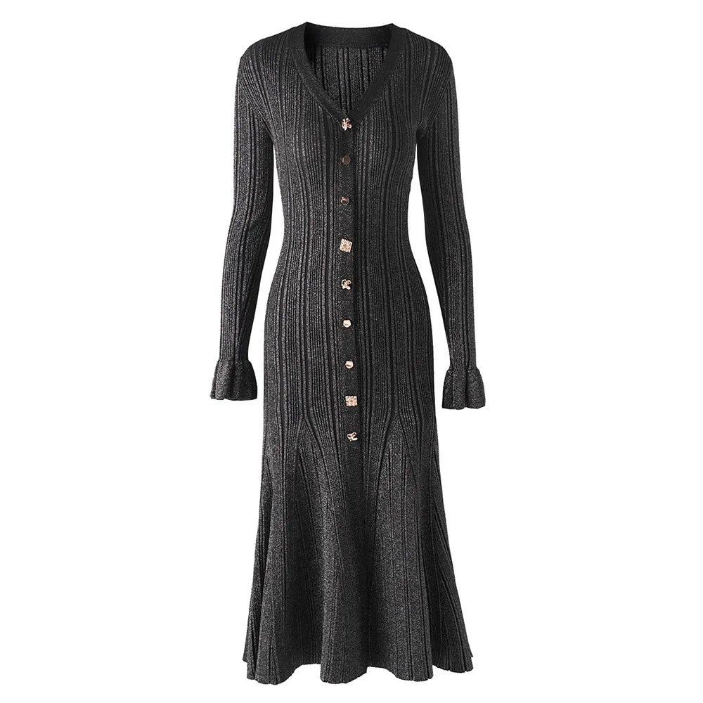 Knitted Mid-Length Dress 2024 New Women Long Sleeve Ribbed Party Dresses Elegant Lady Knitwear 5240175