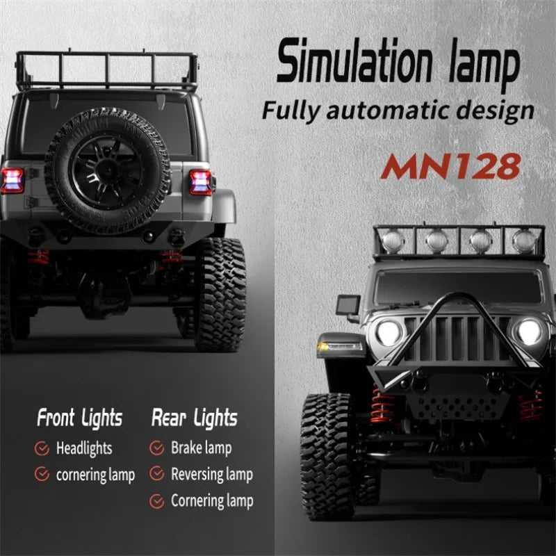 RC Crawler 4x4 Car MN128 2.4G Climbing Buggy Professional with LED Light Full Scale Remote Control Cars Toys for Boys Gift