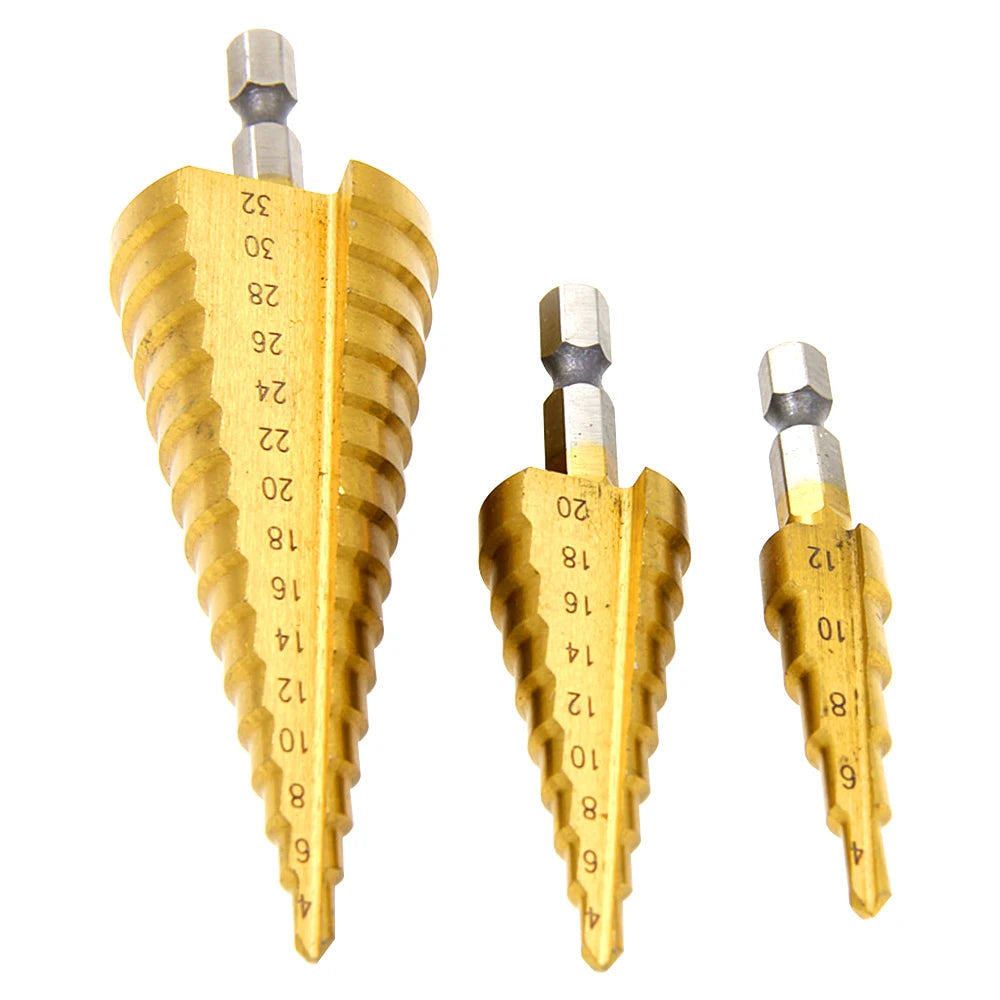 Step Drill Titanium Plated Hexagonal Shank Straight Groove 3-12/4-12/4-20/4-32mm Pagoda Drill Drilling Tool Accessory Set