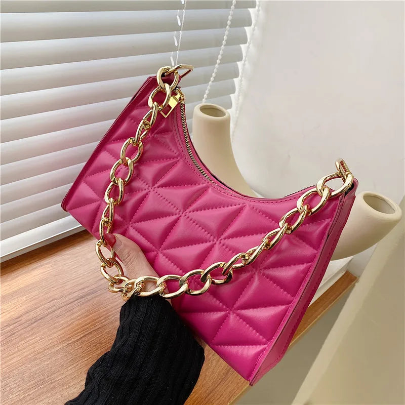Women's Diamond Pattern Shoulder Bag PU Leather Solid Color Niche Chain Handbag Fashion Females Underarm Shopping Bag