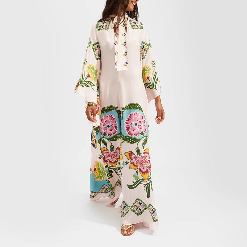 Ethnic Retro Spring Print Boho Long Dress Women Sexy Stand Collar Lace-up Party Dress Fall Long Sleeve Loose Ladies Maxi Dresses