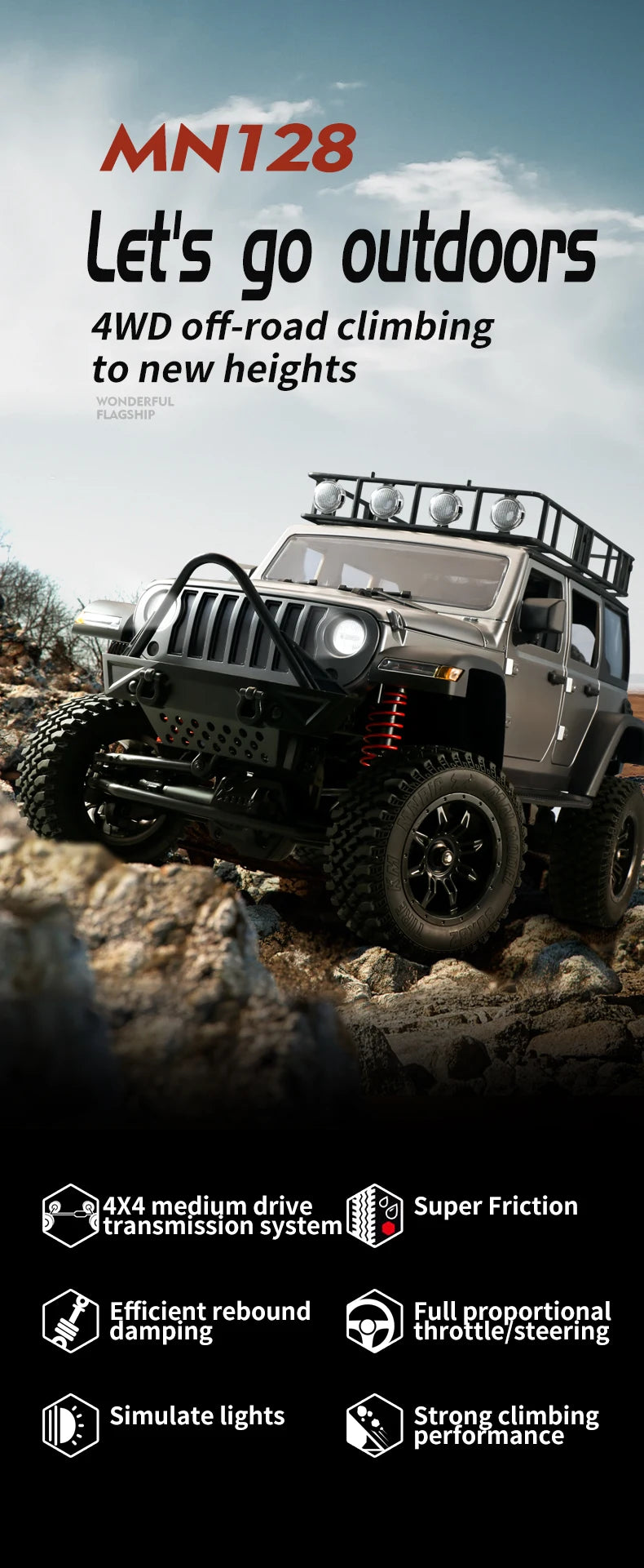 RC Crawler 4x4 Car MN128 2.4G Climbing Buggy Professional with LED Light Full Scale Remote Control Cars Toys for Boys Gift