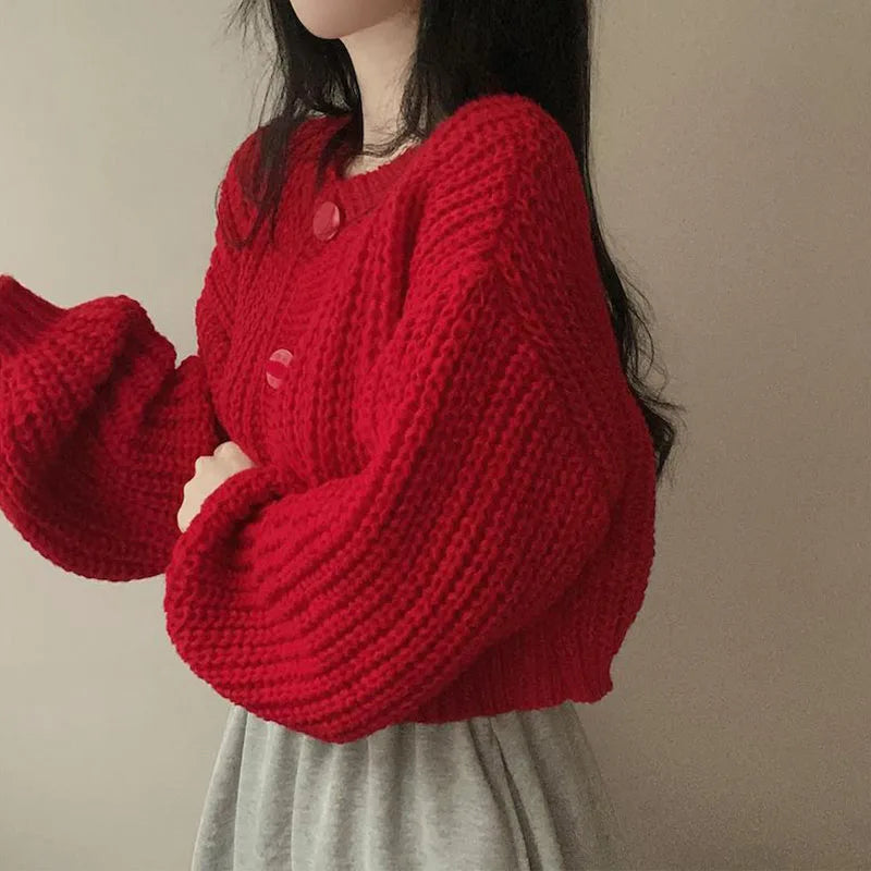 2024 Fall Winter Short Knitted Cardigan Women Thicken Warm Single-Breasted Sweater Female Solid O-Neck Long Sleeve Knitwear Coat