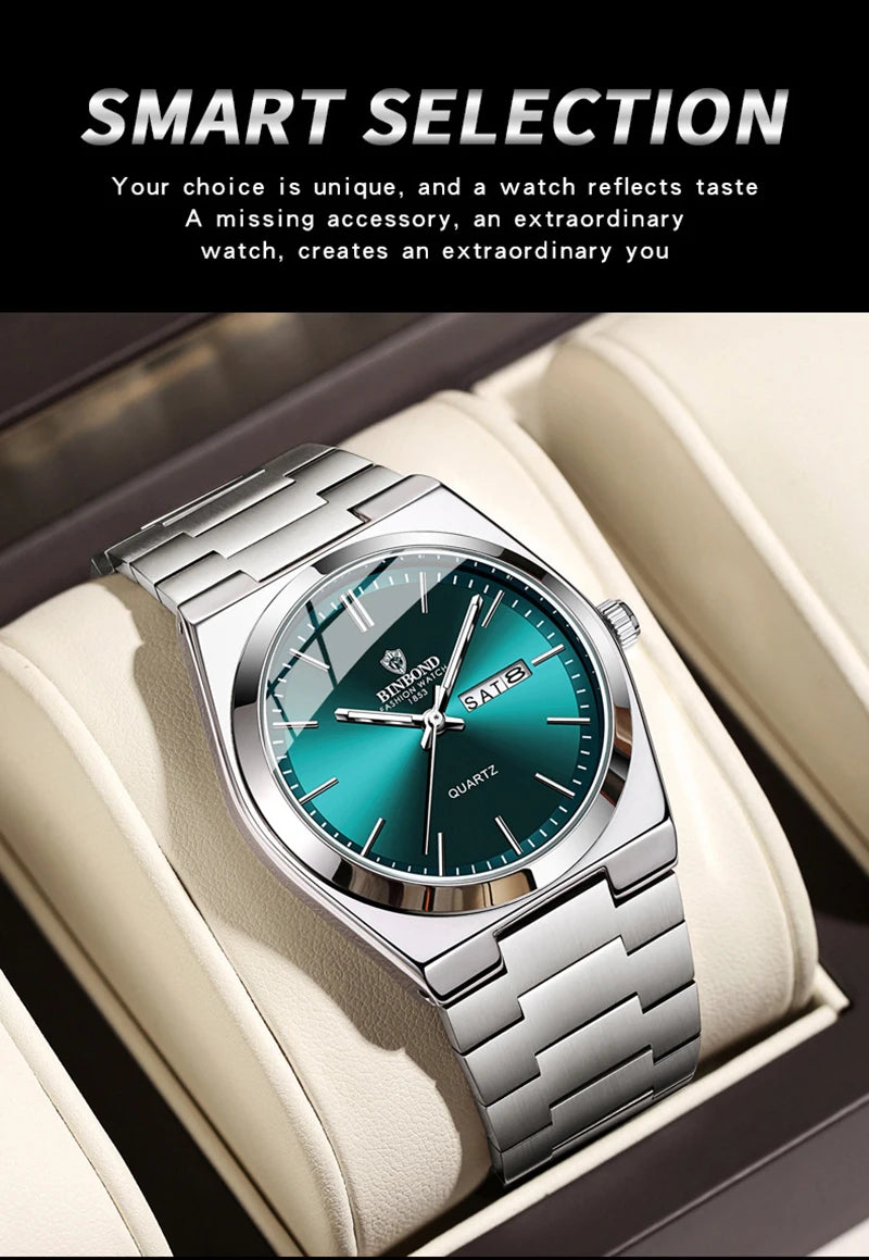 Men Watch Light Luxury Brand Stainless Steel Double Calendar Waterproof Male Business Leisure Fashion Quartz Clock Watches W004