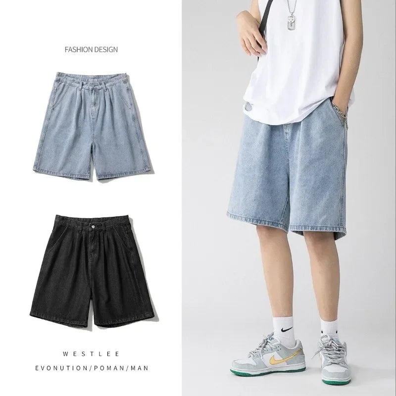 Wide Baggy Denim Shorts Men Summer Thin Solid Color Casual Loose Knee-length Pants Male Jeans Shorts Streetwear