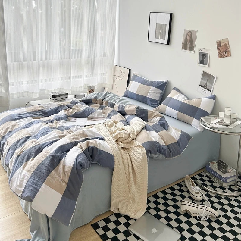 Bed Linen Washed Cotton Striped Grid Minimalist Bedding Sheet Set Comforter Sets Queen Duvet Cover Double For Boys And Girls