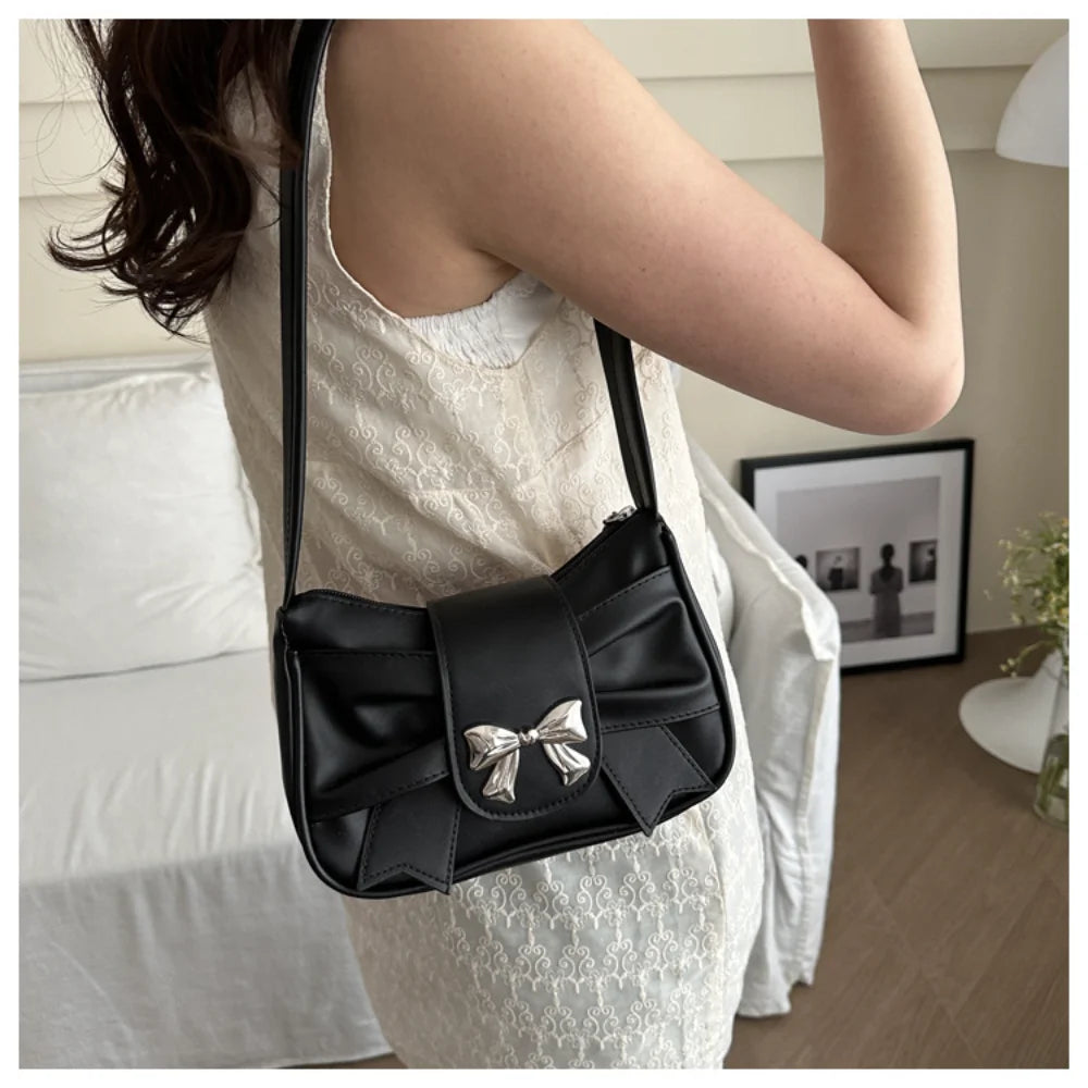 Korean Bow Pleated Shoulder Bag For Women 2024 Spring Summer New Armpit Bag Handbag