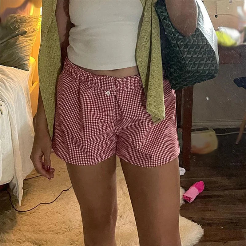 Women's Y2k Pajamas Shorts Cute Plaid Pj Short Pants Flannel Lounge Sleep Shorts Bottoms Elastic Waist Baggy Boxers Tracksuit