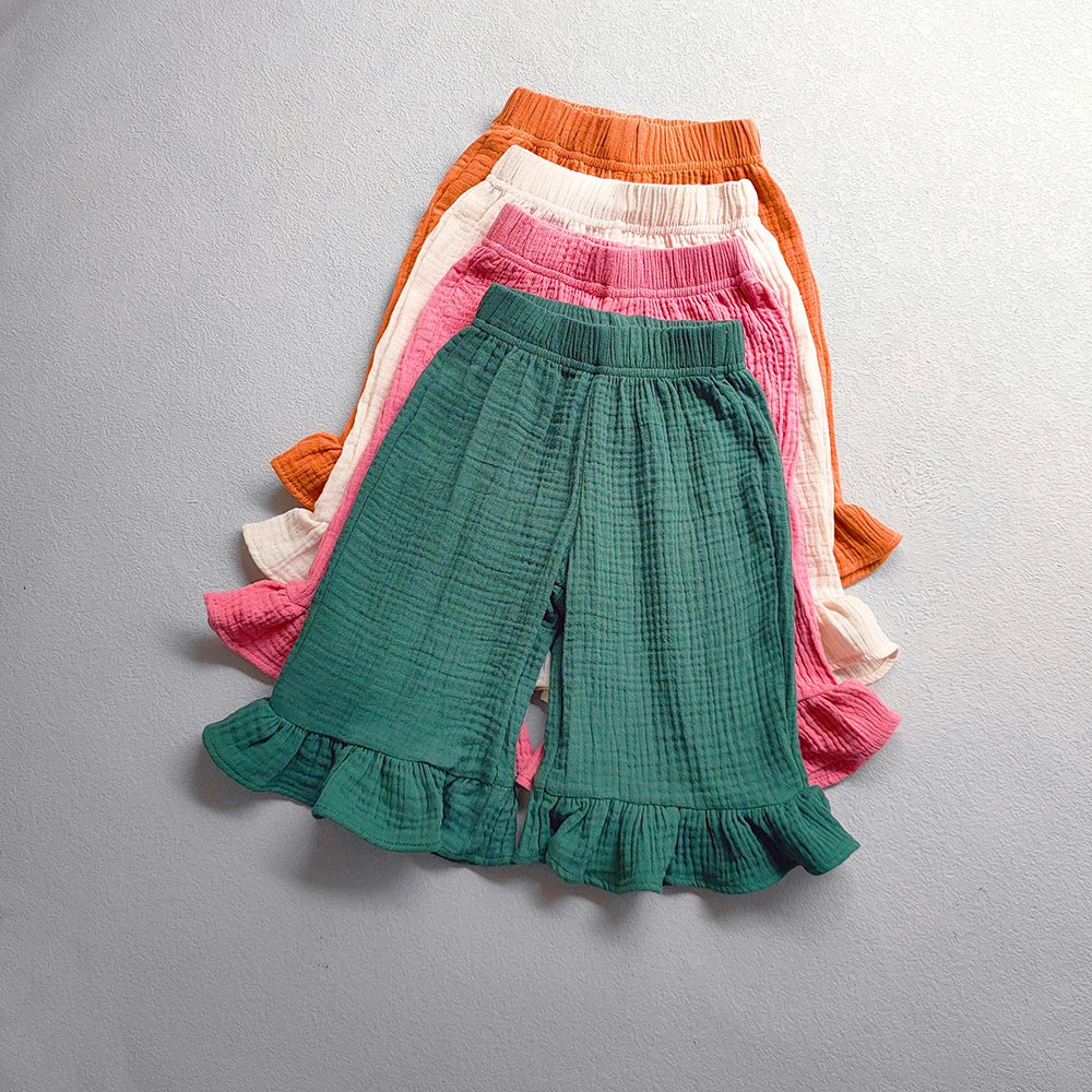 Children's Clothing Girls Cotton Ruffled Flared Pants Summer Solid Color Casual Shorts Kids Baby Girls Loose Ankle-Length Pants
