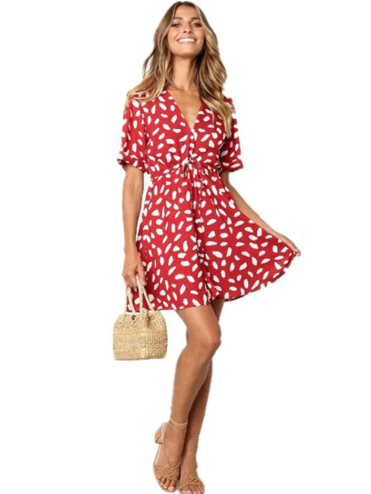 White Sand Spot Mini Summer Women V Neck Casual Beach Sundress Sexy Botton Wrap Bodycon Dress Female