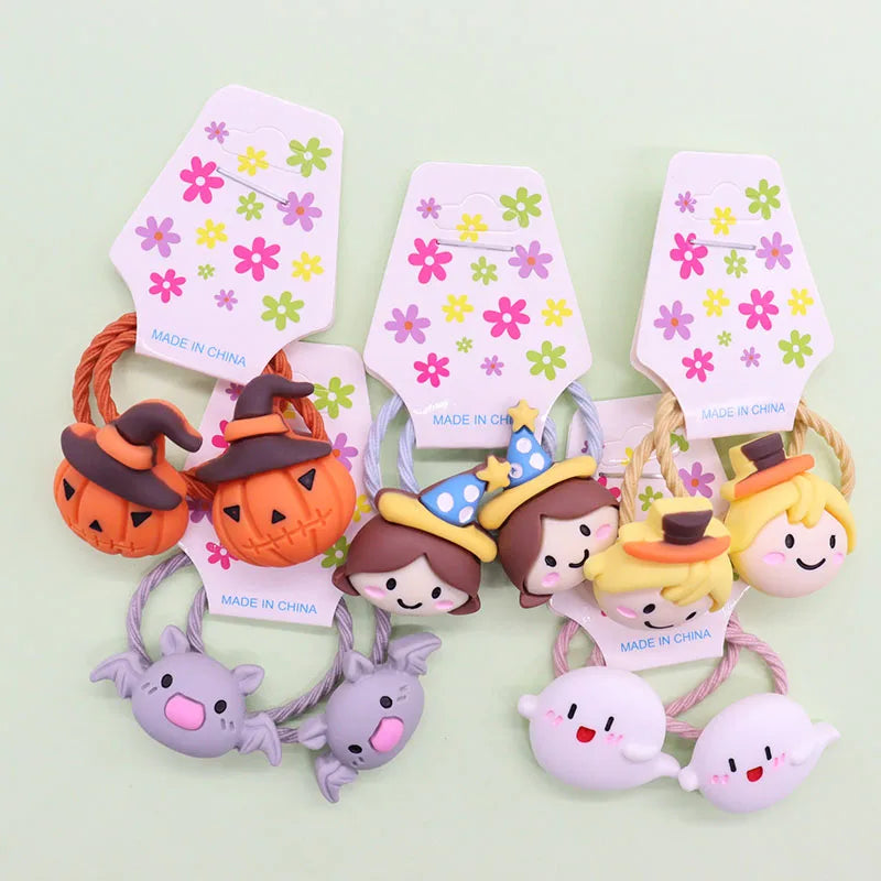 2Pcs Halloween Hair Accessories Pumpkin Bat Children's Rubber Band Elastic Hair Band Girls' Headwear Accessories Decorations