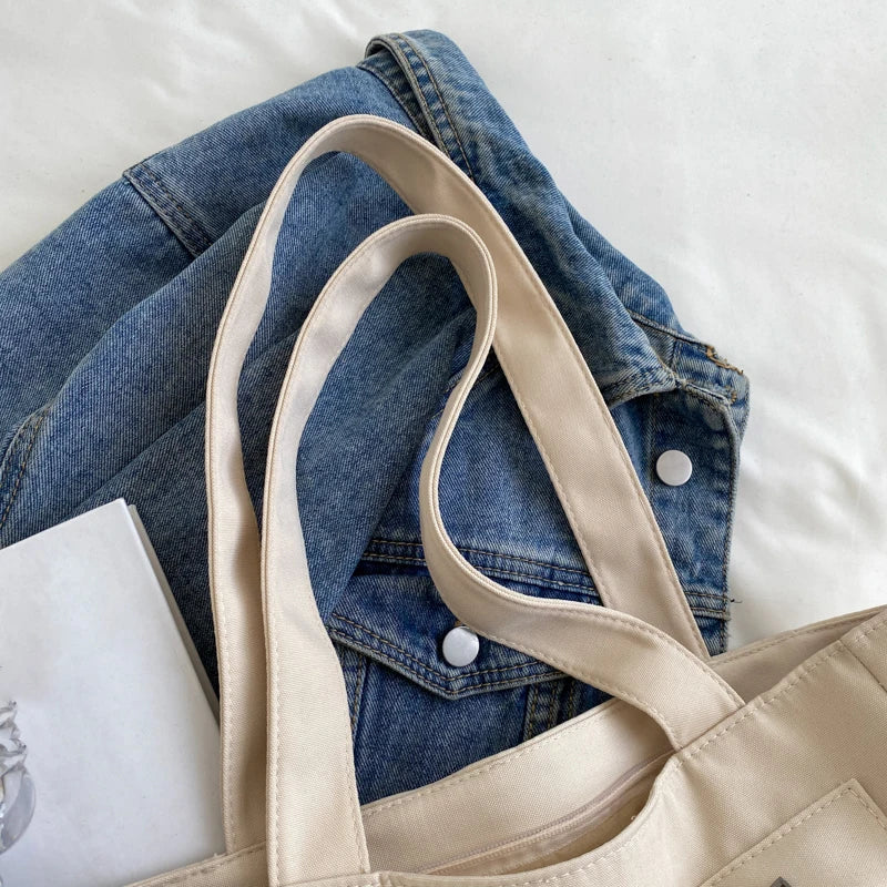 Lightweight Canvas Shoulder Bags For Women Ladies Handbags Multi Pockets Pure Color Travelling Shopper Totes