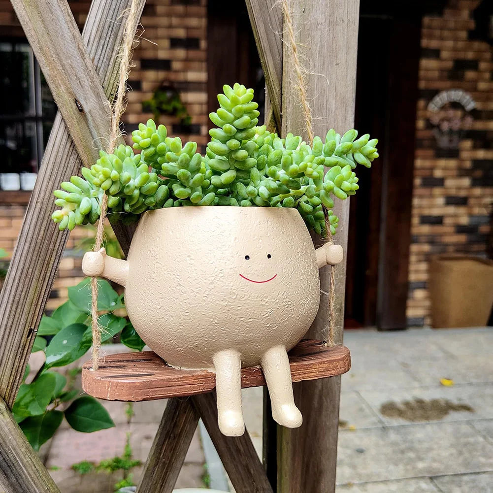 Flower Pot Wall Planter Swing Face Planter Pot Resin Smiling Face Planter Creative Wall Hanging Head Planter Garden Accessories