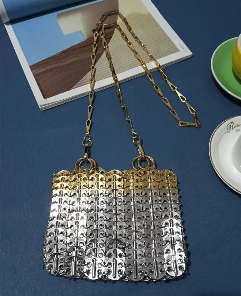 luxury Women Bags Designer Metal Sequins Chain Woven Bag Hollow Evening Bags Clutch Female Travel Holiday Shoulder Bag Handbag