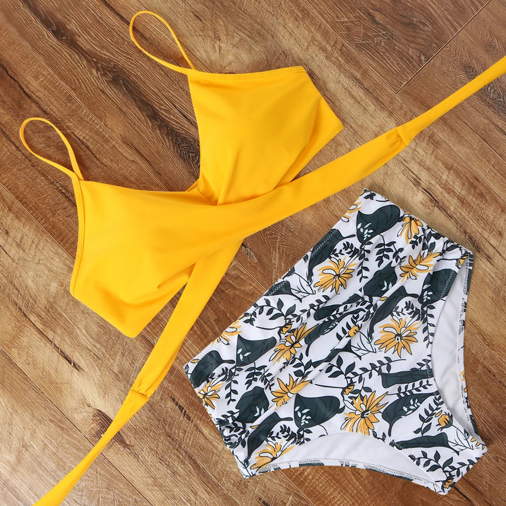 High Waist Sexy Bikini Set 2024 Biquini Swimwear Women Two Pieces Swimsuit Floral Beachwear V-Neck Bathing Suits Female