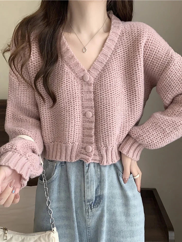 EVNISI Women Slim Sweater Cardigan V-Neck Button Up Casual Solid Knitting Sweater Coat Sweet For Women Cardigan Coat Autumn 2023