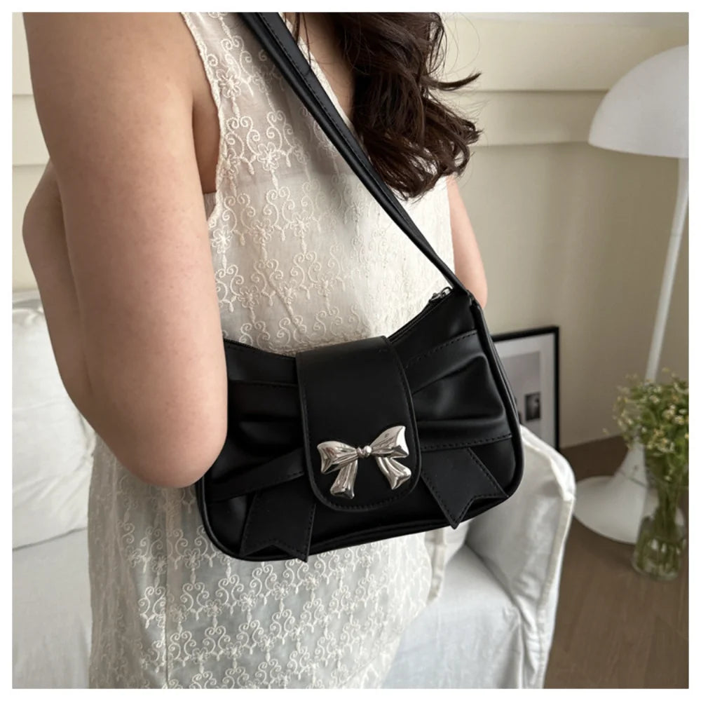 Korean Bow Pleated Shoulder Bag For Women 2024 Spring Summer New Armpit Bag Handbag