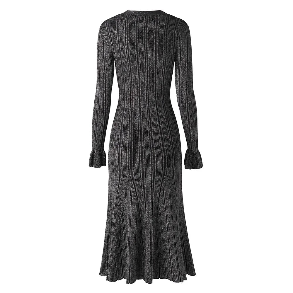 Knitted Mid-Length Dress 2024 New Women Long Sleeve Ribbed Party Dresses Elegant Lady Knitwear 5240175