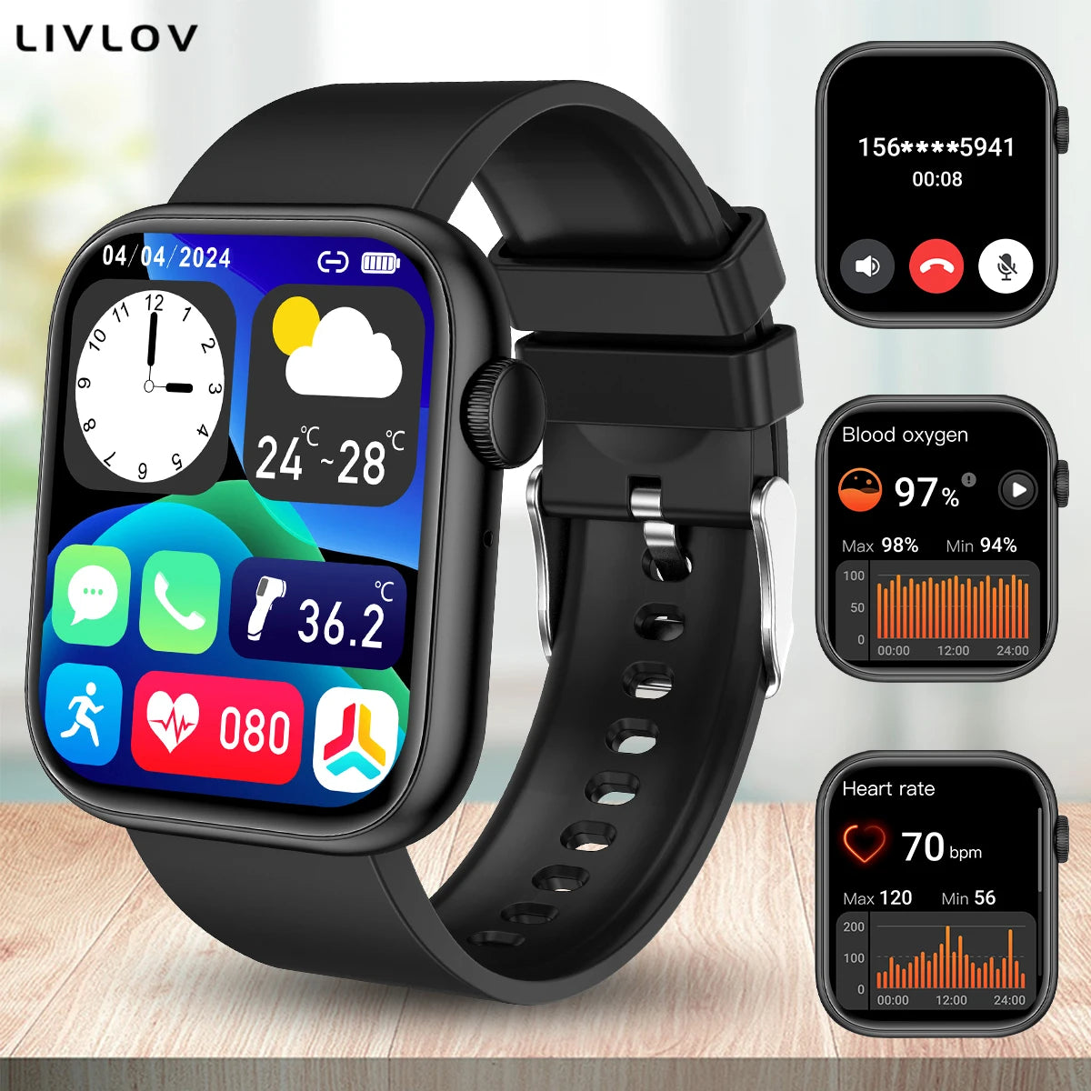 AI Voice Assistant Smart Watch, 2.0'' HD Screen Fitness Tracker with Temp Check/ Breathing Exercise/ Flashlight/ 100+Sports