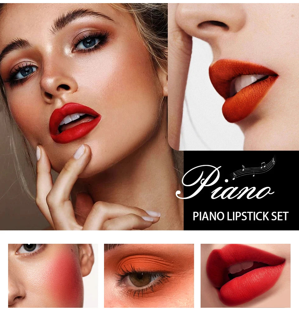 8Pcs/Set Velvet Matte Lipstick Set Long Lasting Waterproof Creative Piano Box Design Nude Red Batom Makeup Cosmetic Gifts