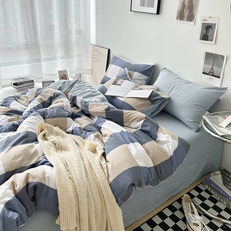 Bed Linen Washed Cotton Striped Grid Minimalist Bedding Sheet Set Comforter Sets Queen Duvet Cover Double For Boys And Girls