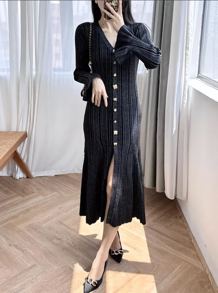 Knitted Mid-Length Dress 2024 New Women Long Sleeve Ribbed Party Dresses Elegant Lady Knitwear 5240175