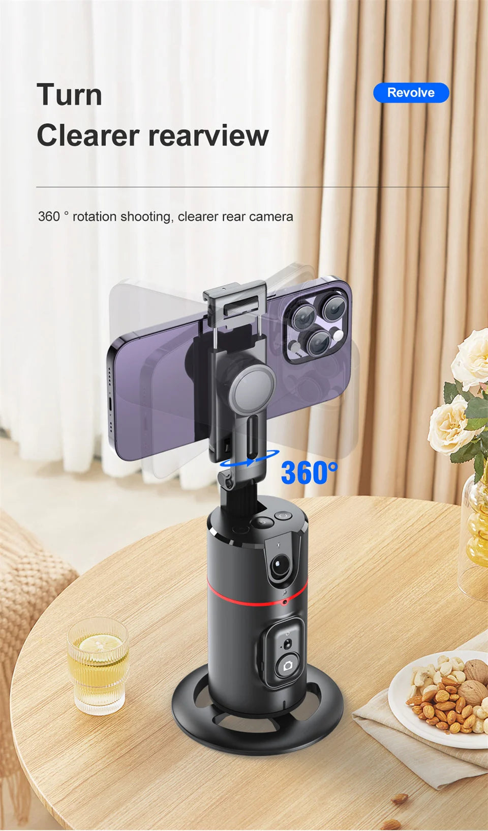 FGCLSY AI Auto Following Gimbal Stabilizer 360 Rotation Phone Stand P02 Desktop Tracking Gimbal with Remote for Live Photography