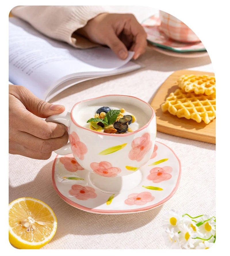 300ML Creative Hand Pinched Irregular Flower Ceramic mug Handmade Coffee Cup Breakfast Milk Afternoon tea cups Korean Style Mugs