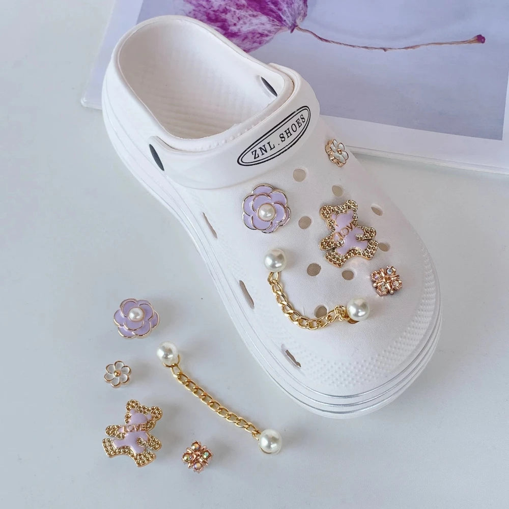 Shoe Charms for Crocs DIY Lovely Purple Bear With Gold Rim Decoration Buckle for Croc Shoe Charm Accessories Party Girls Gift