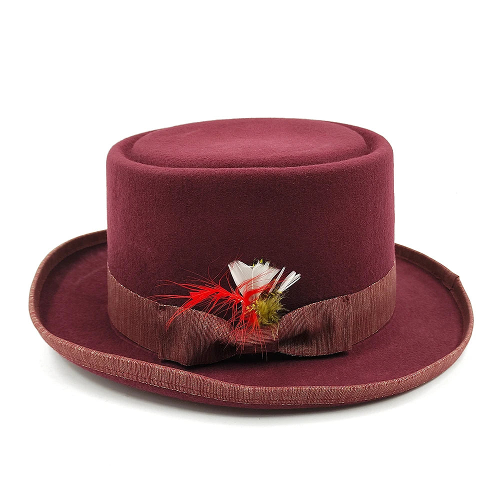New Men Hat 100% Wool Fedora Hat Unisex Top Show Gentleman Bowler Hat Black Red Magic Hat Presidential Hat Feather Accessories