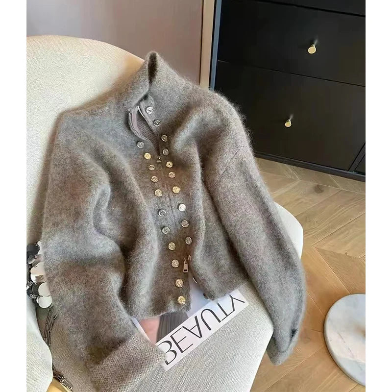 Women's Grey Cardigan Sweater Harajuku Korean Y2k Long Sleeves O-Neck Cashmere Sweaters Jumper Vintage 2000s Clothes Autumn 2024